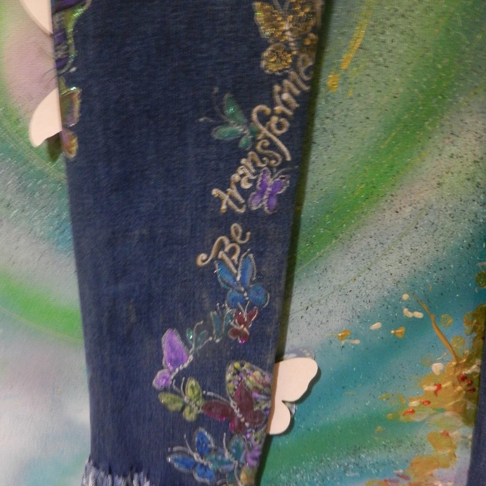 OOAK Metamorphosis butterfly statement jeans hand painted artisan denim SMALL - Picture 5 of 16